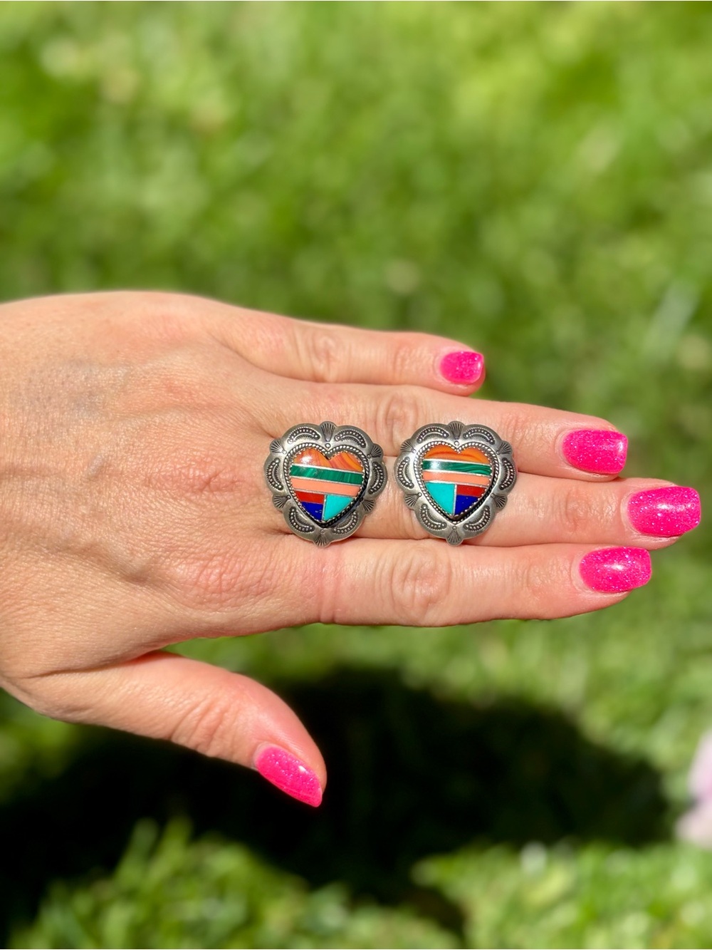 Navajo gemstone inlay sterling silver heart earrings studs